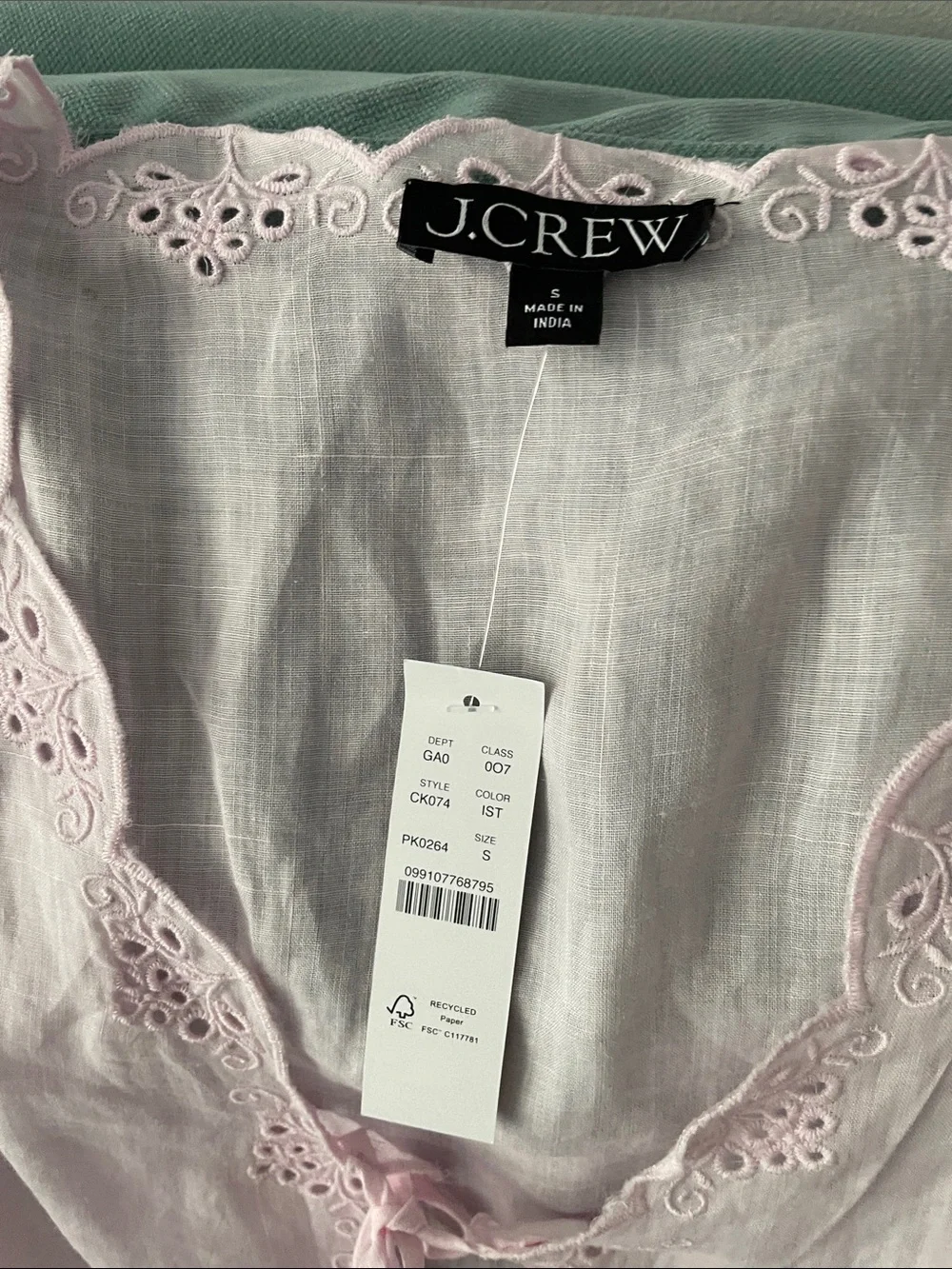 J Crew pale pink scallop trim tie front top in ramie